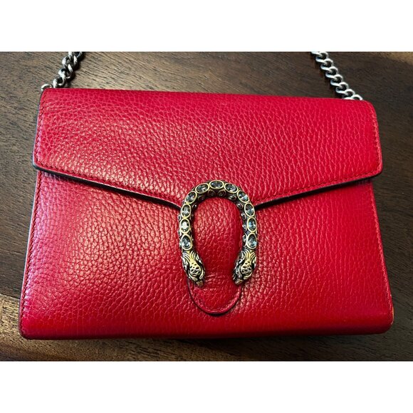 Gucci Dionysus Red Leather Crossbody Wallet With Chain Strap & Snake Buckle Deta - Picture 2 of 13